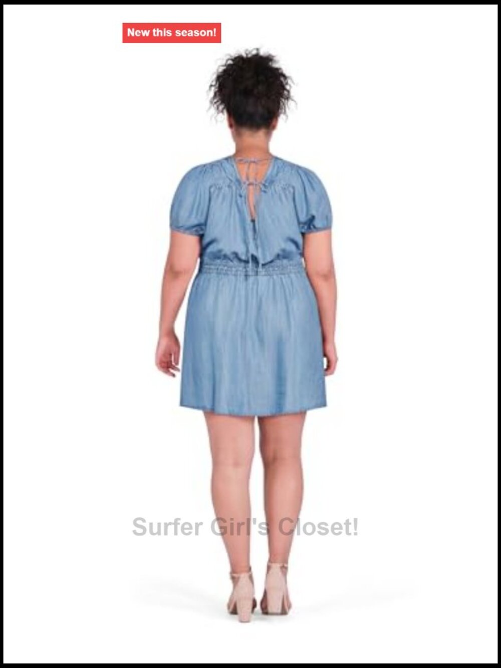 Plus Size A-Line Denim Mini Dress V-Neck Tie Back Short Sleeve - Picture 2 of 4
